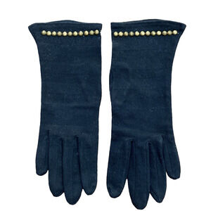 Vintage Black Fabric Driving Gloves Brass Studs Wrist Length Cotton Mid Century